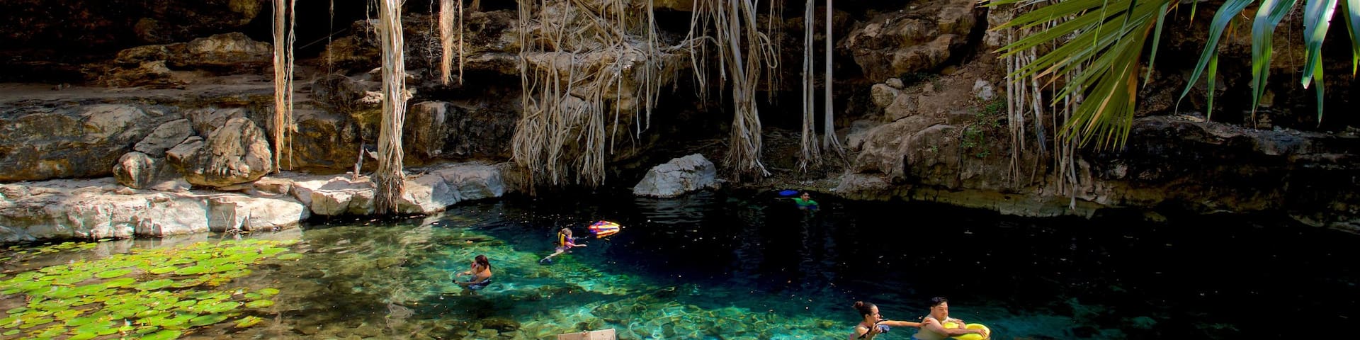 Cenote X\'batun featuring a lake or waterhole and swimming as well as a small group of people