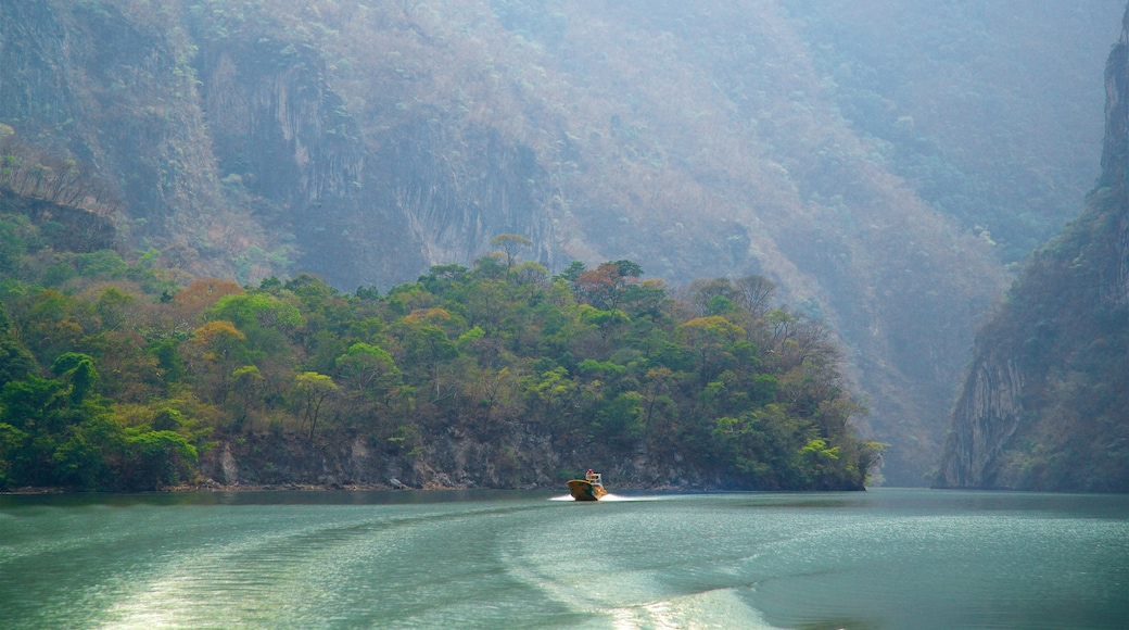 Parque Nacional Cañón del Sumidero mostrando un barranco o cañón, un río o arroyo y paseos en lancha