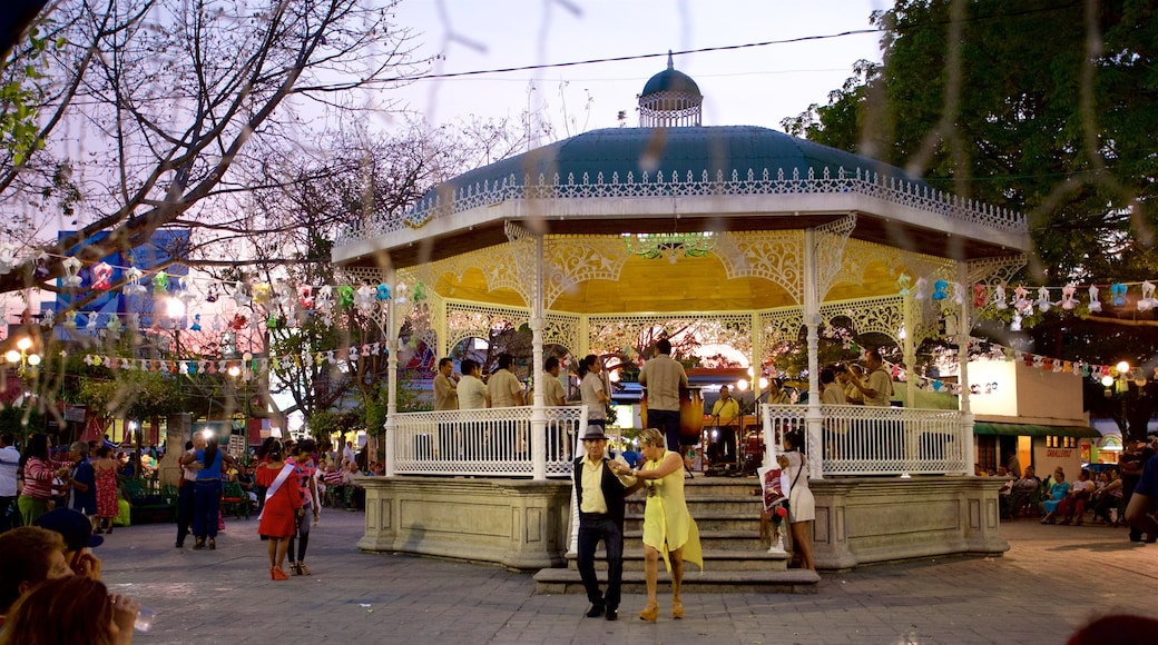 Parque de la Marimba mostrando actuación callejera, un jardín y un atardecer