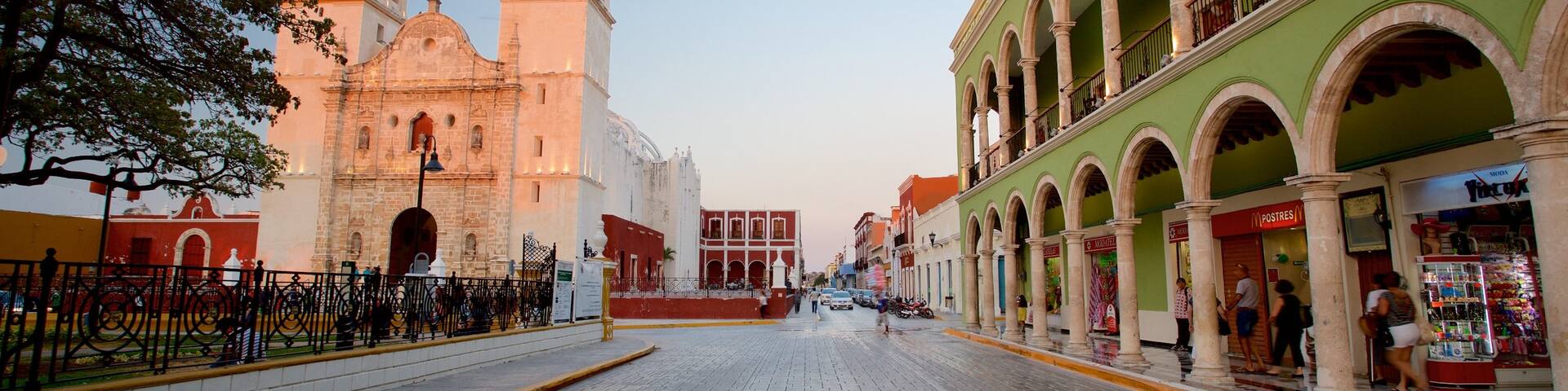 Campeche Cathedral featuring a sunset and heritage architecture