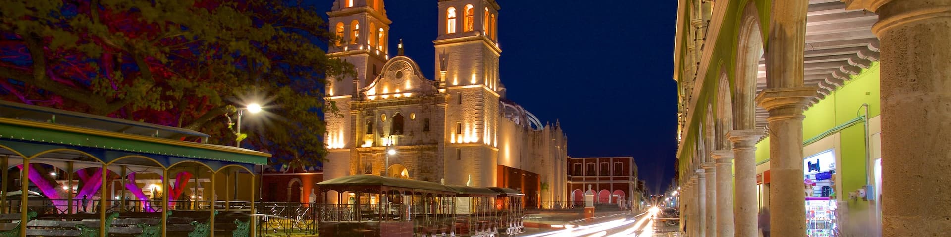 Campeche Cathedral which includes night scenes and heritage architecture