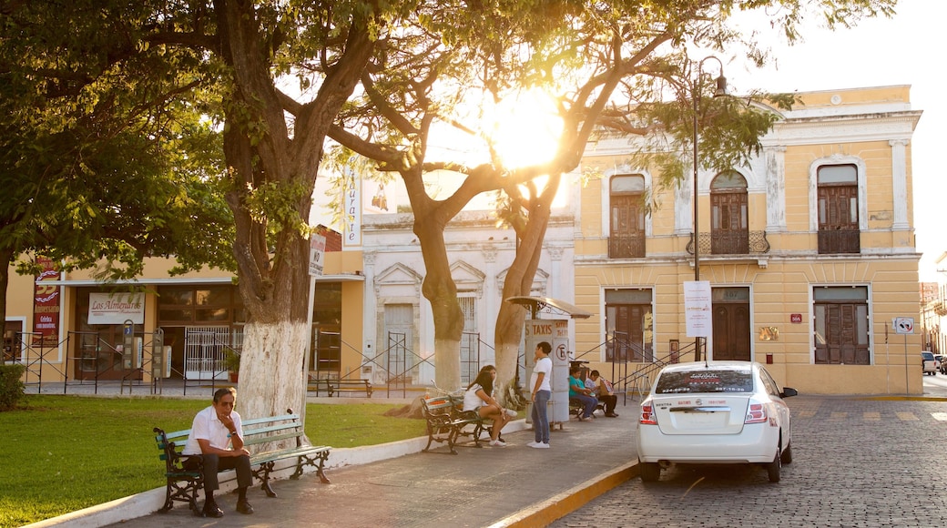 Parque de La Mejorada featuring a sunset and a garden as well as a small group of people