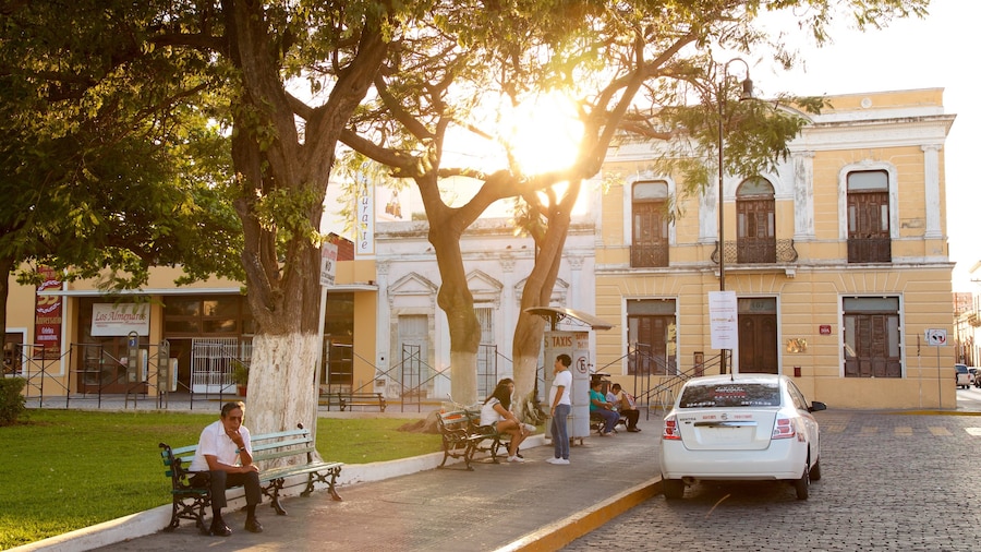 Parque de La Mejorada featuring a sunset and a garden as well as a small group of people