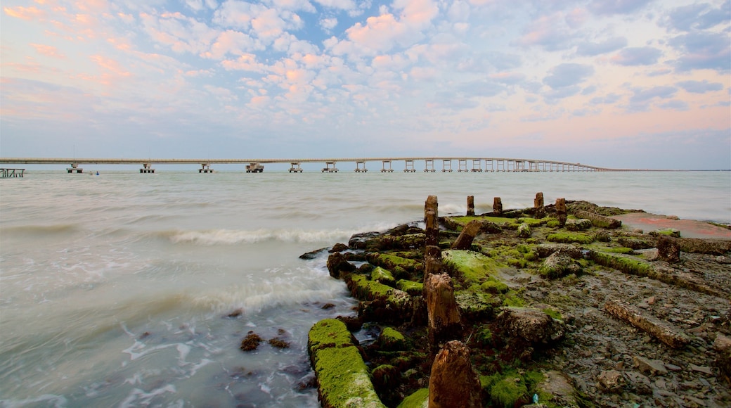 El Zacatal Bridge showing a bridge, a sunset and general coastal views