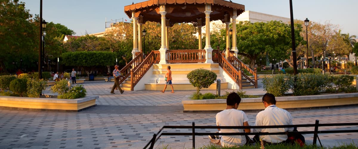 Zaragoza Park featuring a sunset and a garden as well as a couple