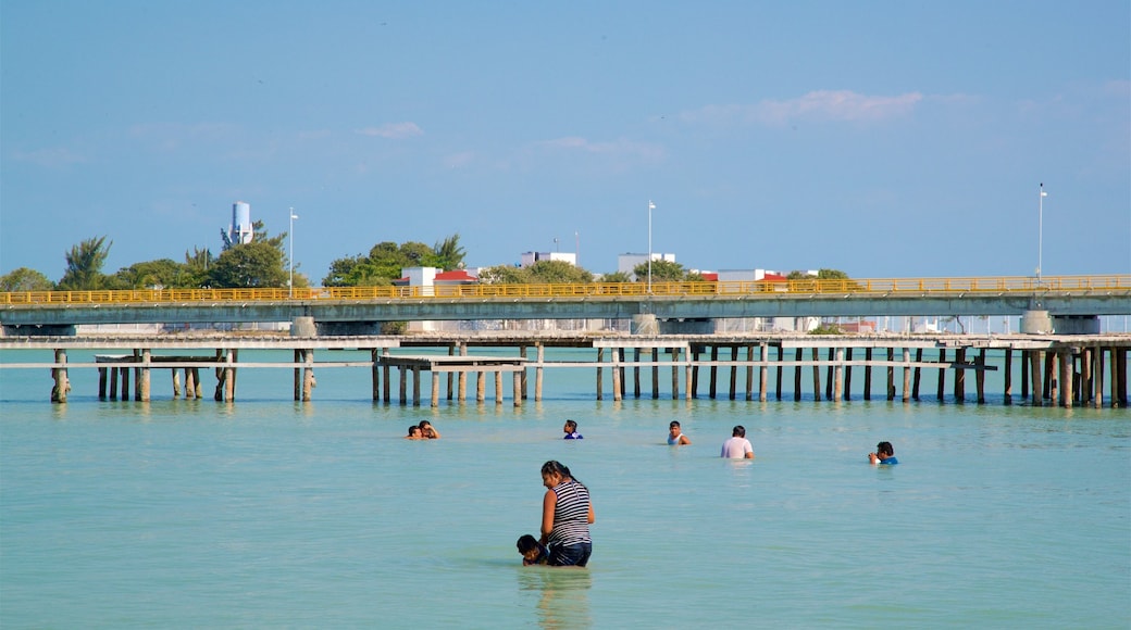 Ciudad del Carmen que incluye vistas generales de la costa y natación y también un pequeño grupo de personas