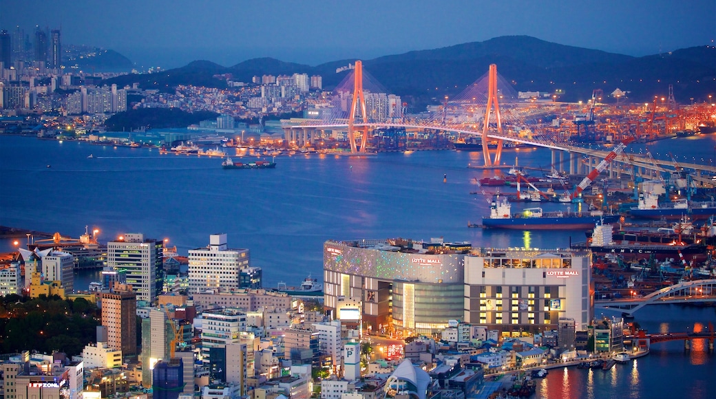 Busan ofreciendo un puente, un río o arroyo y vistas panorámicas