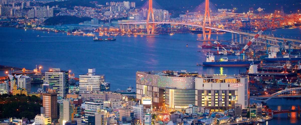 Busan showing a bridge, a city and a river or creek