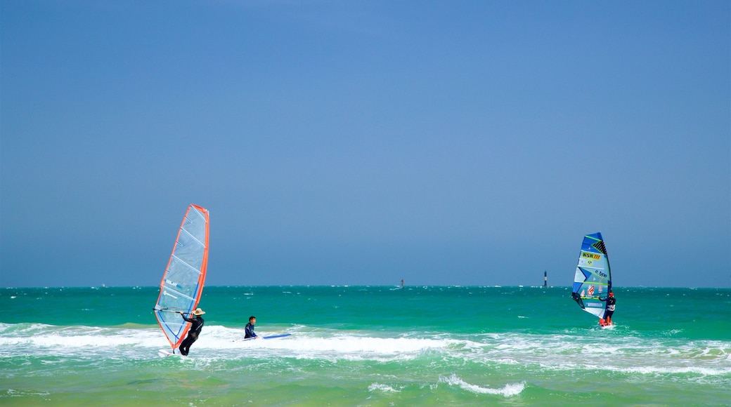 Songjeong Beach featuring general coastal views and kite surfing as well as a small group of people