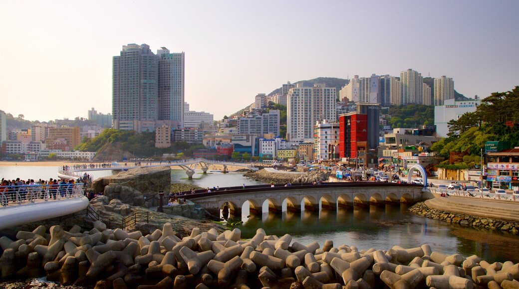 Songdo Beach which includes a skyscraper, a coastal town and a city