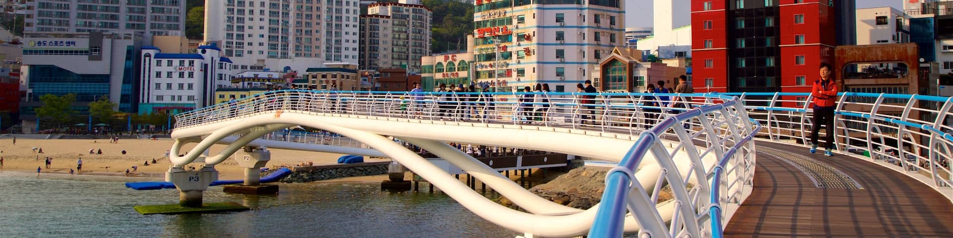 Songdo Beach featuring a coastal town, a beach and general coastal views