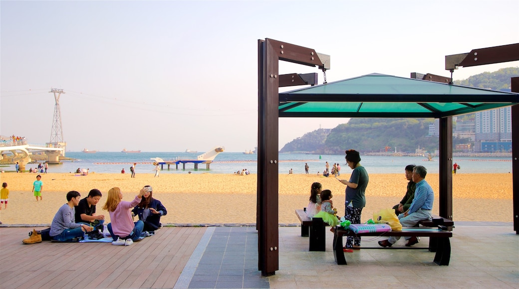 Plage Songdo montrant coucher de soleil, plage de sable et vues littorales