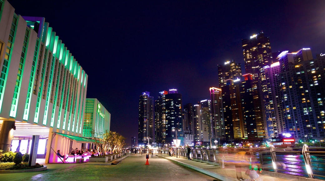 Busan which includes night scenes and a city