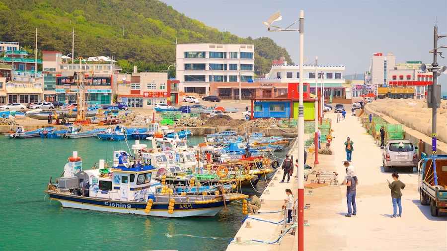 Busan featuring a bay or harbor as well as a small group of people