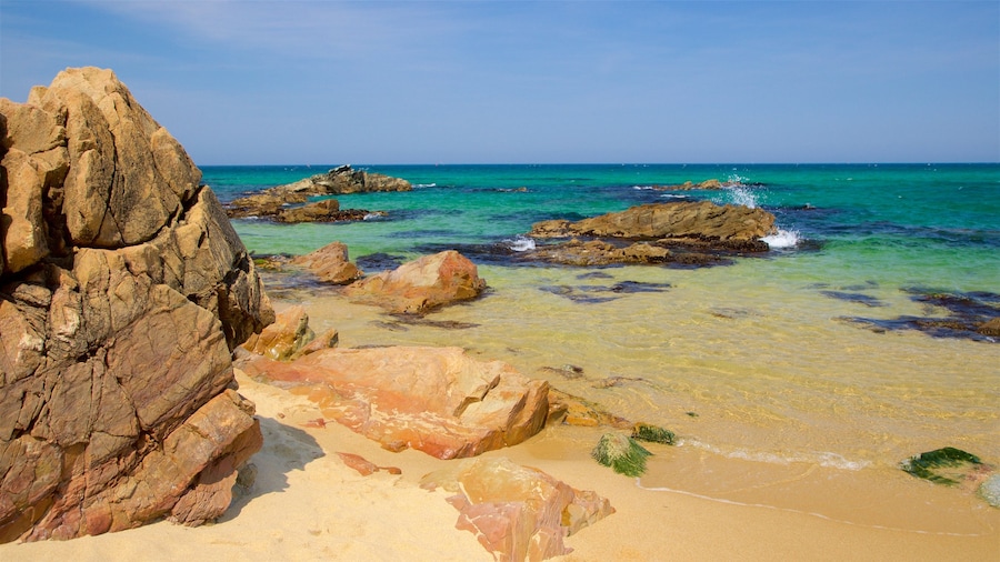 Jeongdongjin Beach which includes a beach, rugged coastline and general coastal views