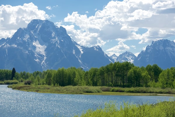 Oxbow Bend mettant en vedette riviĂšre ou ruisseau et montagnes
