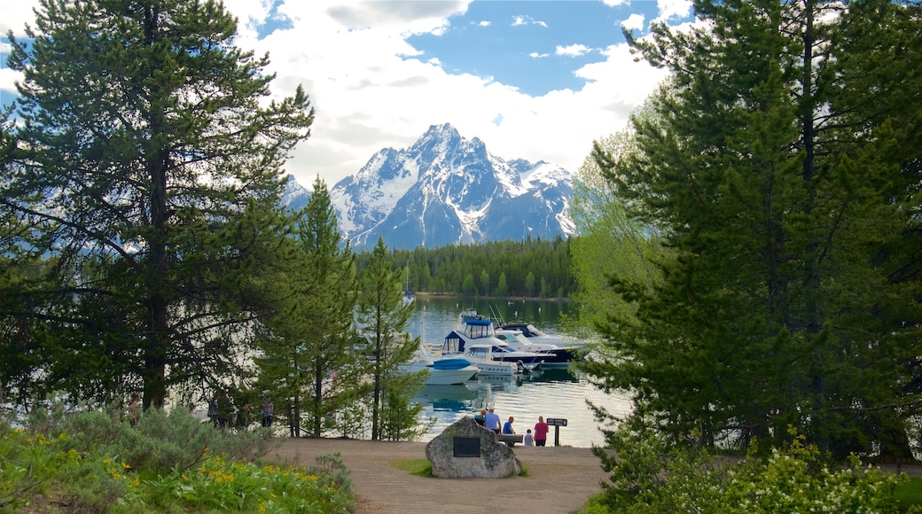 Colter Bay Marina que inclui um lago ou charco, montanhas e uma baĂa ou porto