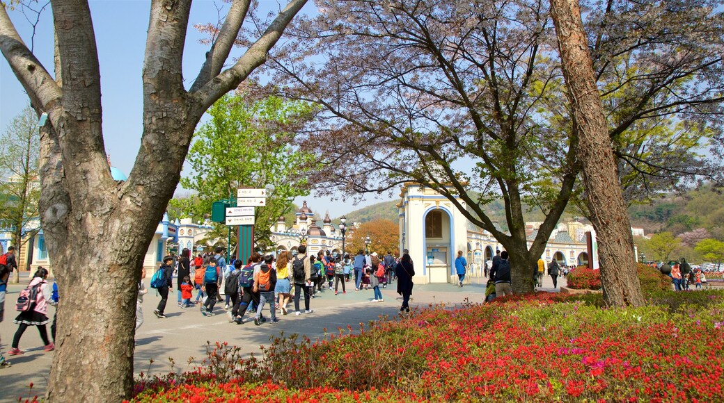 Everland que inclui flores silvestres assim como um grande grupo de pessoas