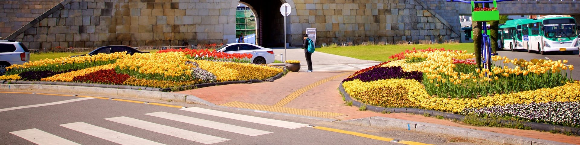 Suwon showing outdoor art, heritage architecture and flowers