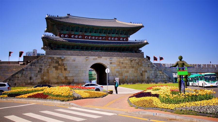 Suwon featuring heritage architecture, outdoor art and flowers