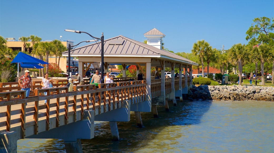 St. Simons Island Pier which includes a bridge and a river or creek as well as a small group of people