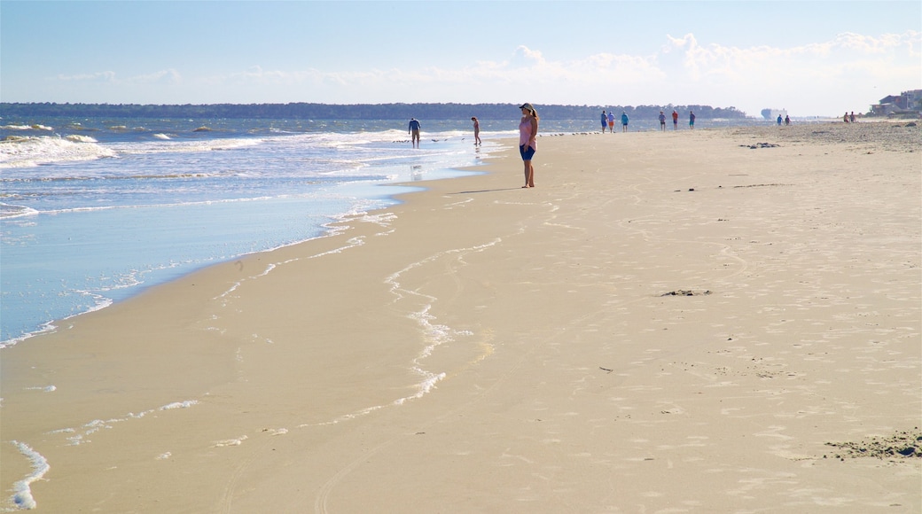 Isla de St. Simons que incluye una playa de arena y vista general a la costa y también un pequeño grupo de personas