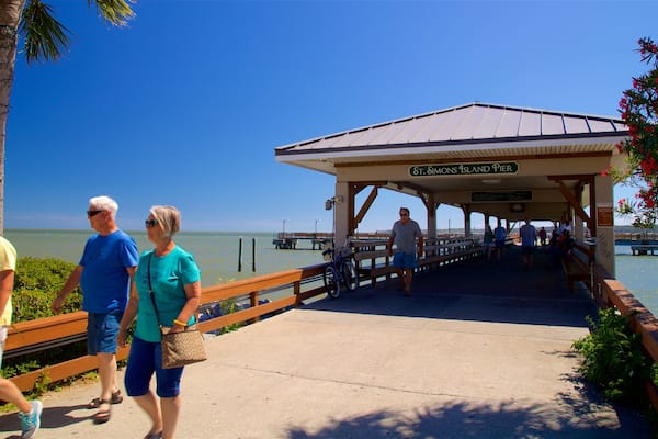St. Simons Island Pier showing general coastal views as well as a small group of people