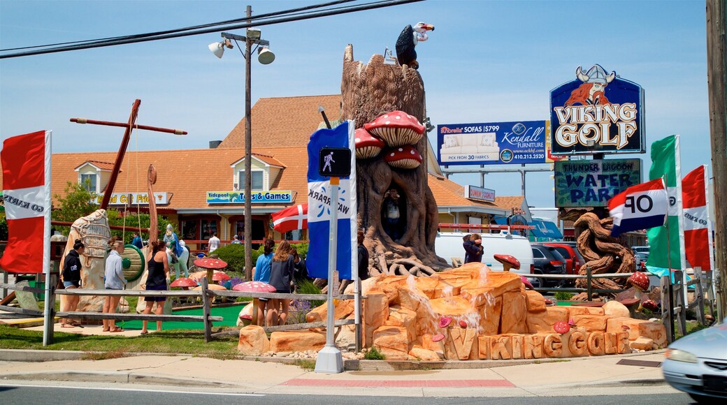 Fenwick Island featuring signage and golf as well as a small group of people