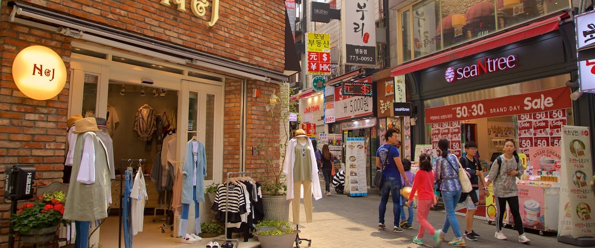 Myeongdong mostrando compras y también un pequeño grupo de personas