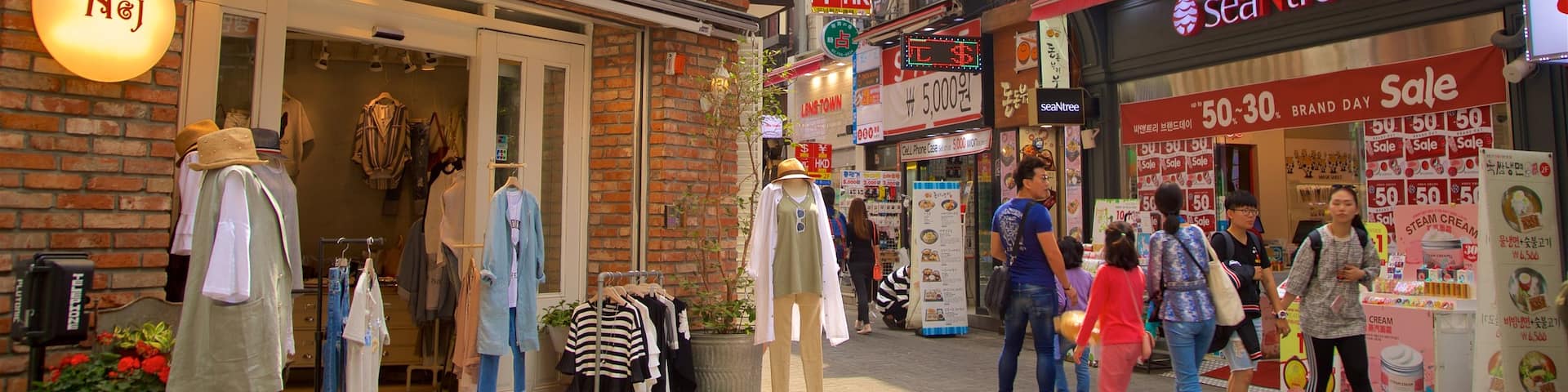 Myeongdong featuring shopping as well as a small group of people