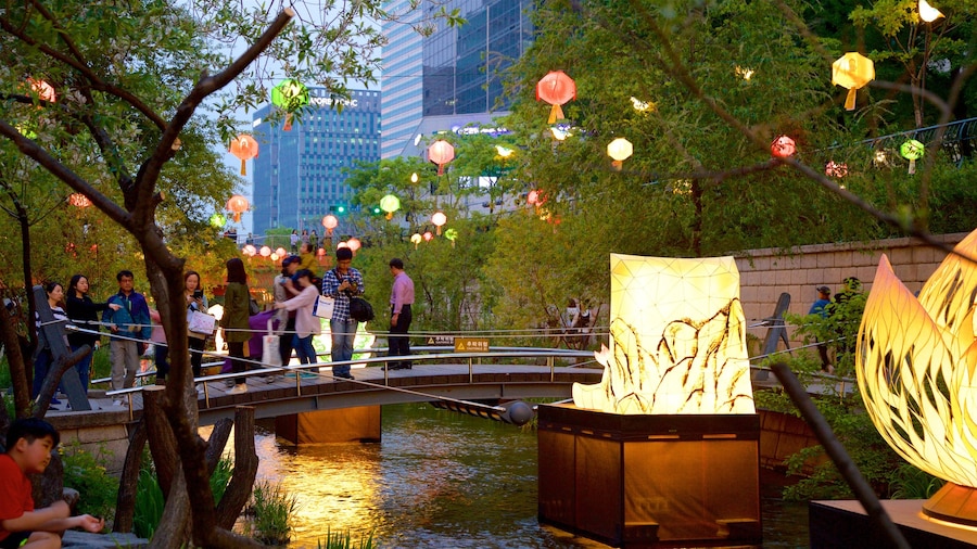 Cheonggyecheon which includes a bridge, a city and a river or creek