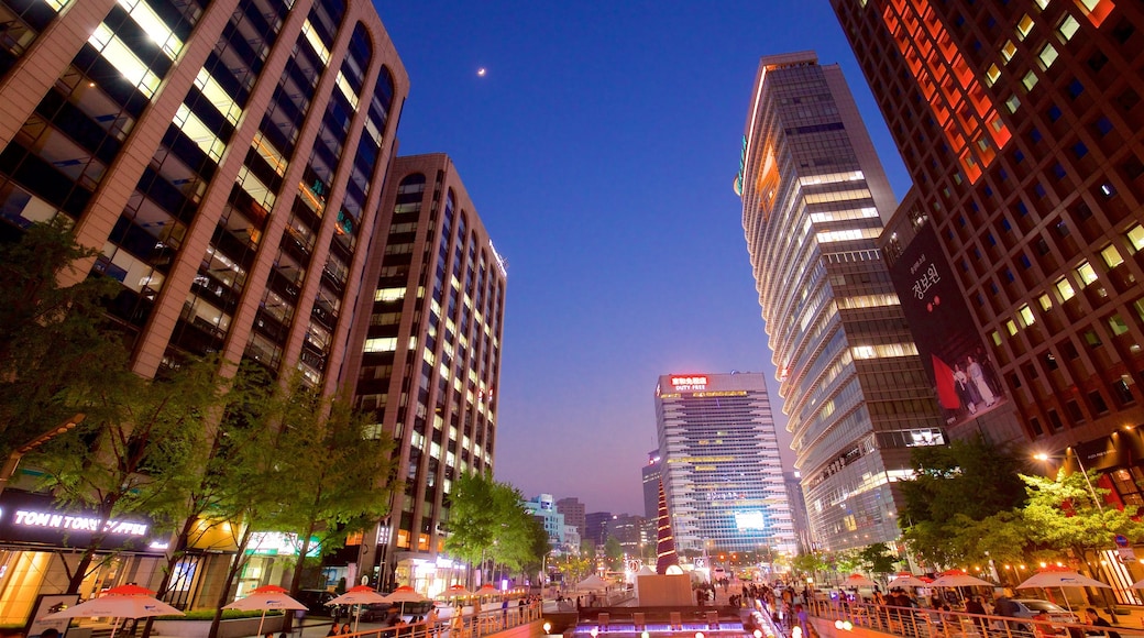 Cheonggyecheon which includes a skyscraper, a city and night scenes