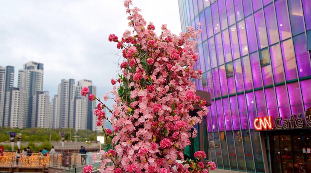 Seocho-gu ofreciendo una ciudad, flores y un rascacielos