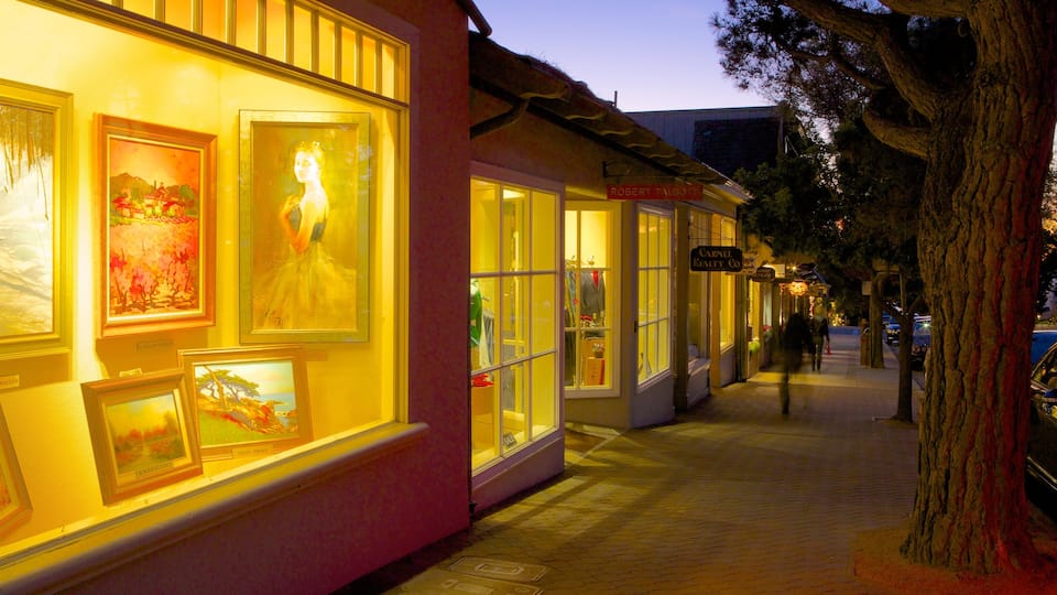 Carmel showing a city, street scenes and night scenes