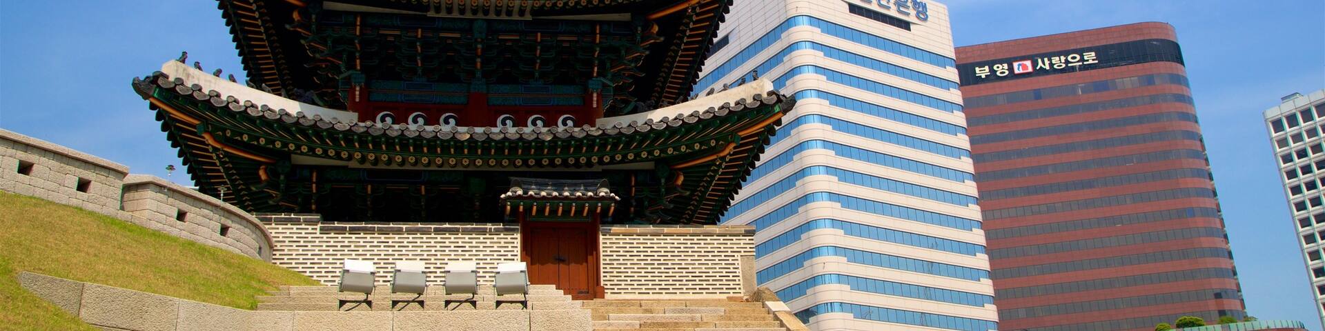 Namdaemun mostrando uma cidade, arquitetura de patrimônio e um arranha-céu