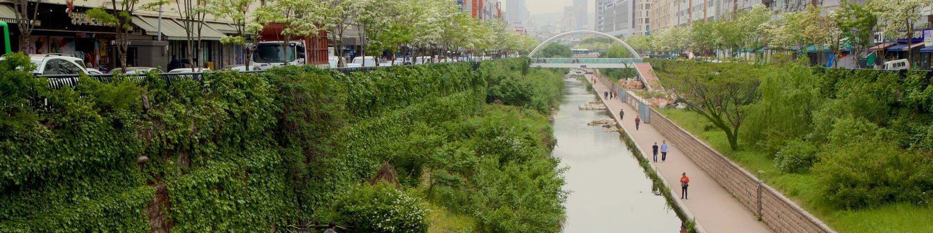 Dongdaemun History and Culture Park showing a city, a garden and a river or creek
