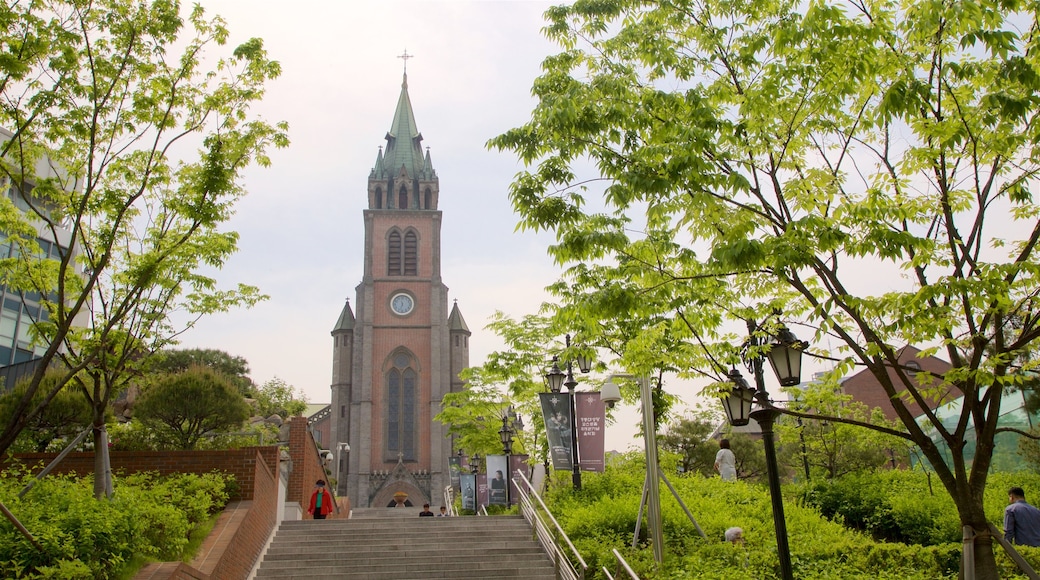 Catedral de Myeongdong ofreciendo arquitectura patrimonial, una iglesia o catedral y un parque