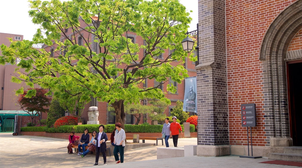 Myeongdong Cathedral which includes heritage elements as well as a small group of people