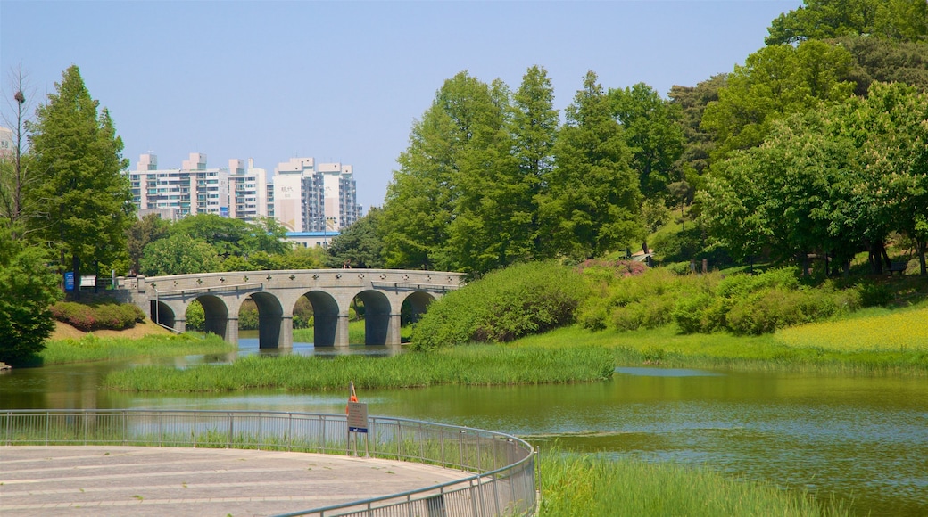 Olympisch Park bevat een brug, een stad en een rivier of beek