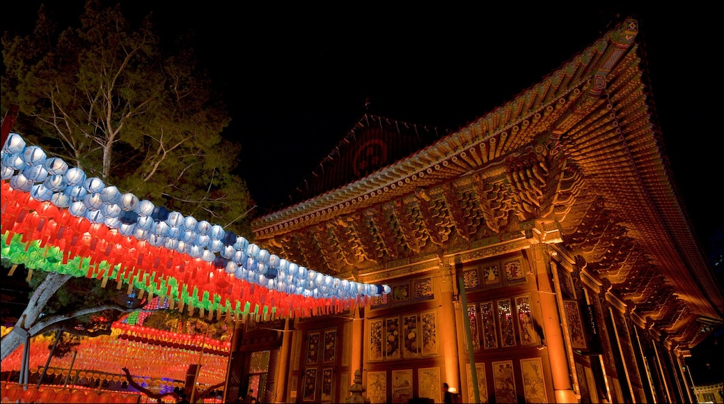 Jogyesa Temple which includes outdoor art, night scenes and heritage elements