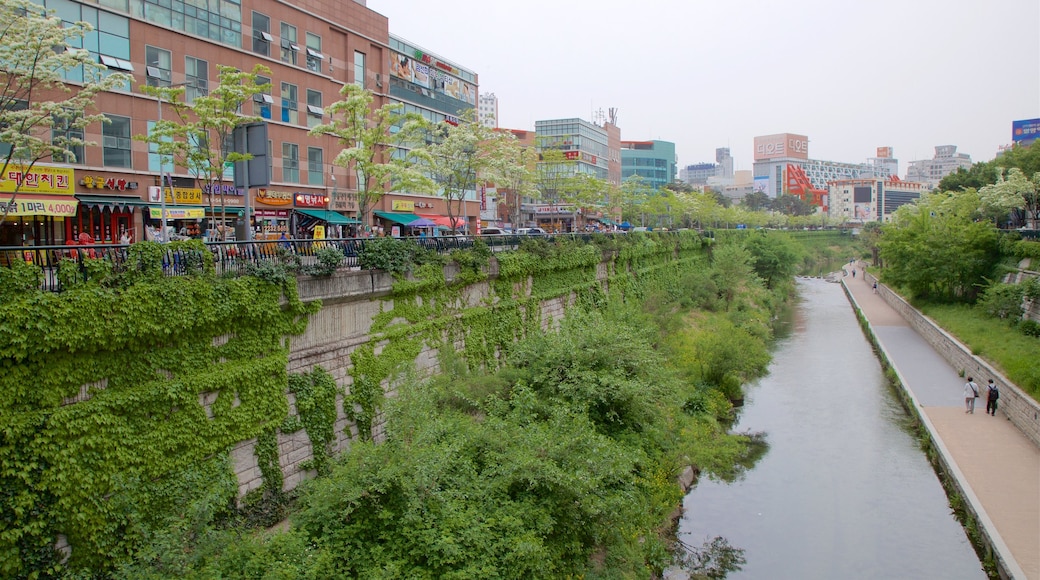 Gwangjang Traditional Market showing a park, a river or creek and a city