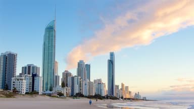 Gold Coast showing a coastal town, a skyscraper and a sandy beach