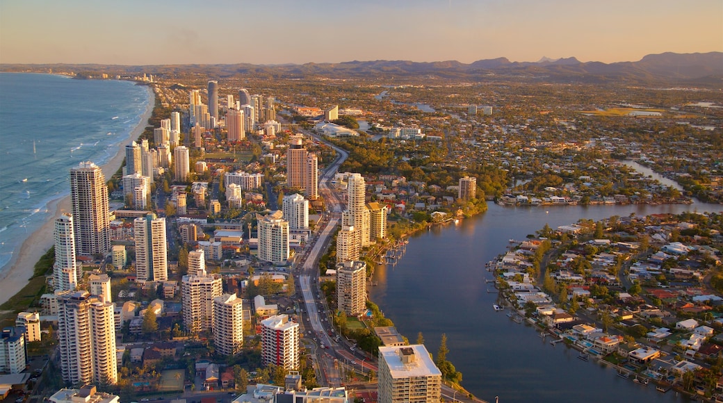 Surfers Paradise showing a city, a river or creek and a sunset