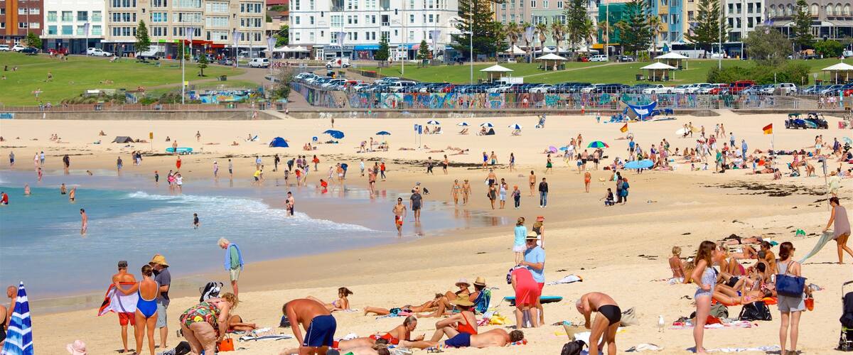 Bondi Beach showing a sandy beach, general coastal views and a coastal town