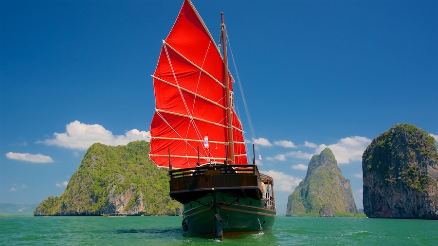 Zuid Thailand bevat varen, algemene kustgezichten en tropische uitzichten