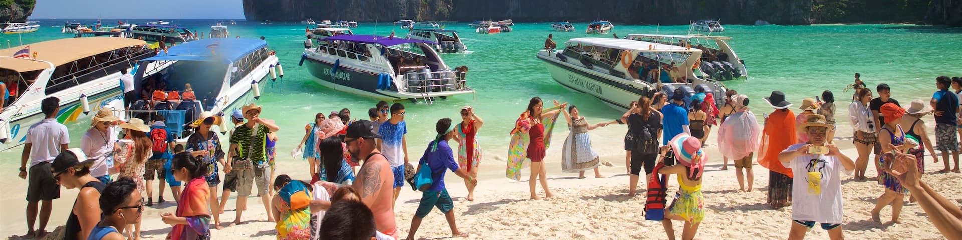 Maya Bay which includes general coastal views, a bay or harbor and boating
