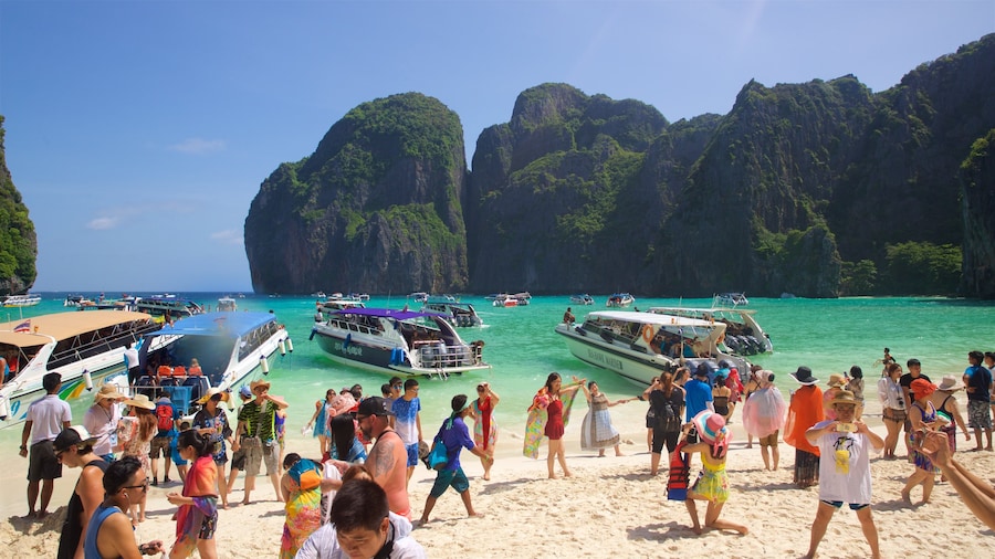 Maya Bay which includes general coastal views, a bay or harbor and boating