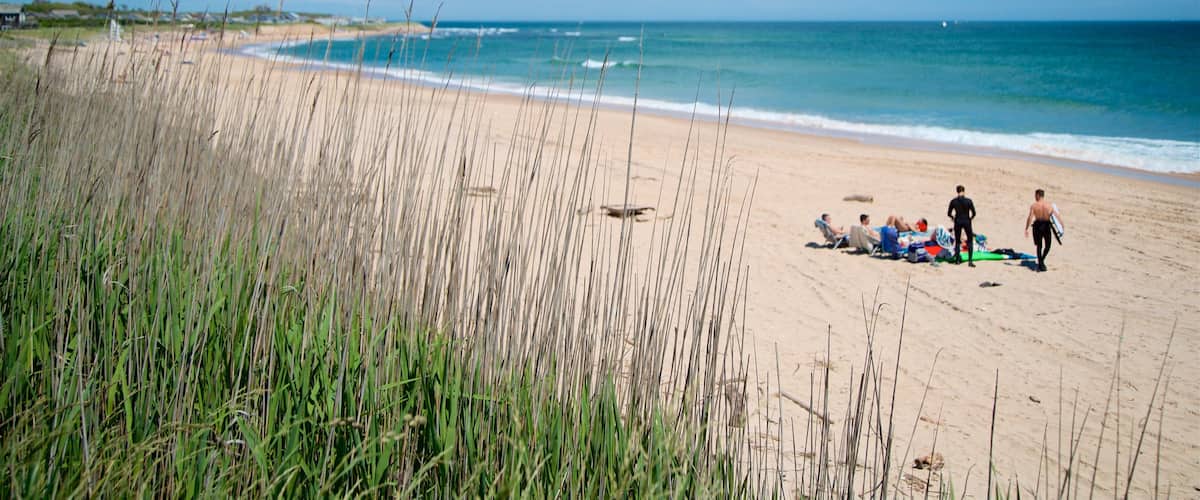 Ditch Plains Beach featuring general coastal views and a sandy beach as well as a small group of people