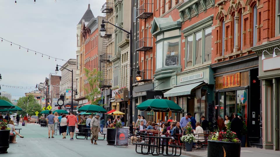 Downtown Jersey City which includes outdoor eating as well as a small group of people