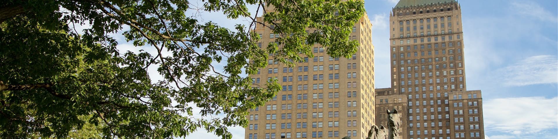 Military Park which includes a high rise building, a statue or sculpture and a city